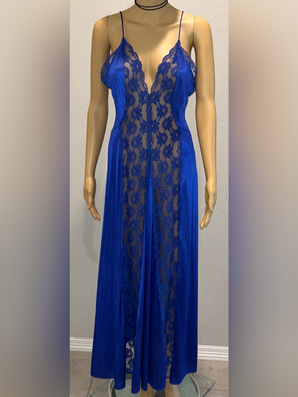 Sheer Lace Plunge Nightgown - Royal Blue